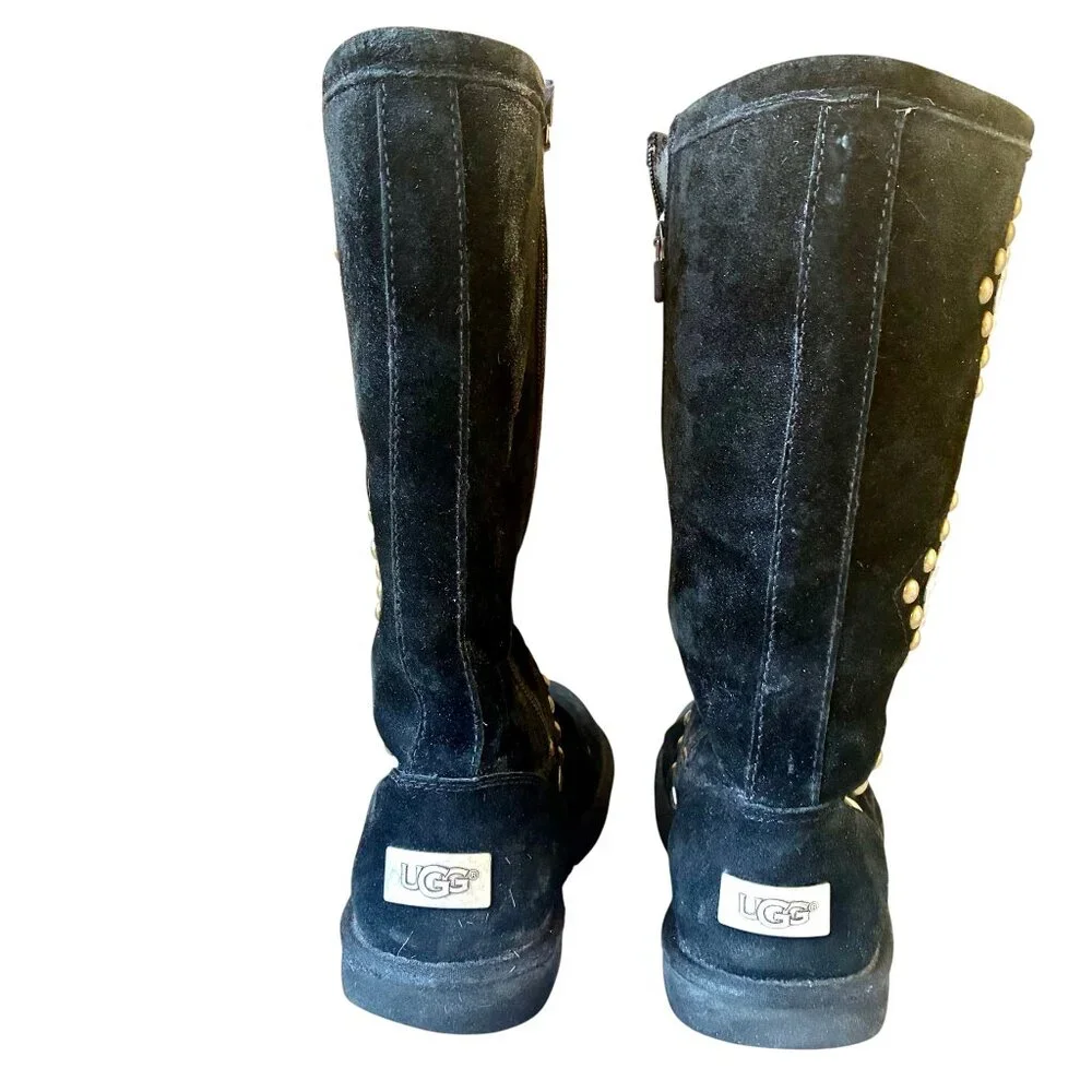 UGG Australia Avondale Black Suede Shearling Tall Boots Studs Side Zip Womens 10